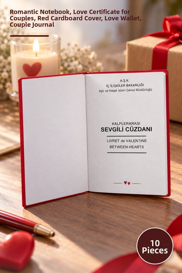 10 International Love Wallets – Romantic Notebook, Special Love Certificate for Couples, Red Cardboard Cover, Love Wallet, Couple Journal