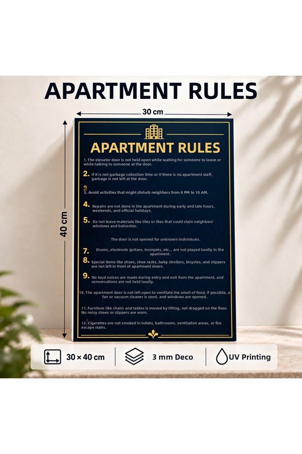 Apartment Rules Sign 30×40 cm – 3 mm Dekota Uv Printing Navy Blue Gold Building and Site Warning Sign