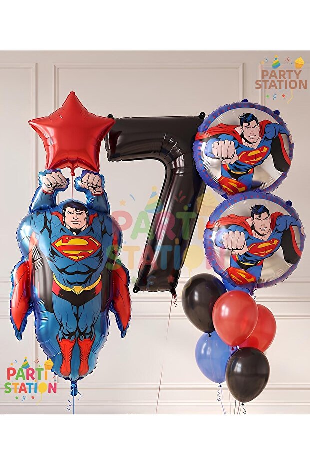 Superman Concept 7 Year Old Balloon Set - 11 Piece Superman Birthday Balloon Set