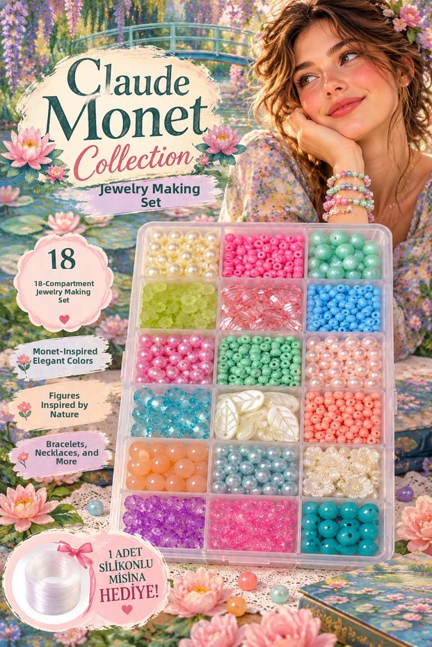 Claude Monet Collection – 18 Compartment Jewelry Making Kit, Monet-Inspired Pastel Beads and Figures, with Silicone Line Gift 🪷 🎨 ✨