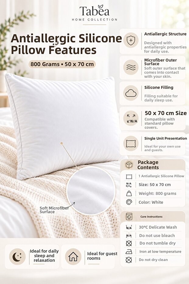 Antiallergic Silicone Pillow – 800 Grams, 50 × 70 cm