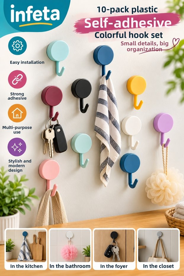 Set of 10 5 cm Plastic Self-Adhesive Colorful Wall Hanger Hooks