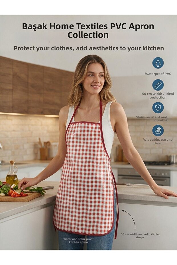 Red Gingham Waterproof Pvc Oilcloth Apron - 1 Piece 50 cm Apron | Waterproof Apron with Piping