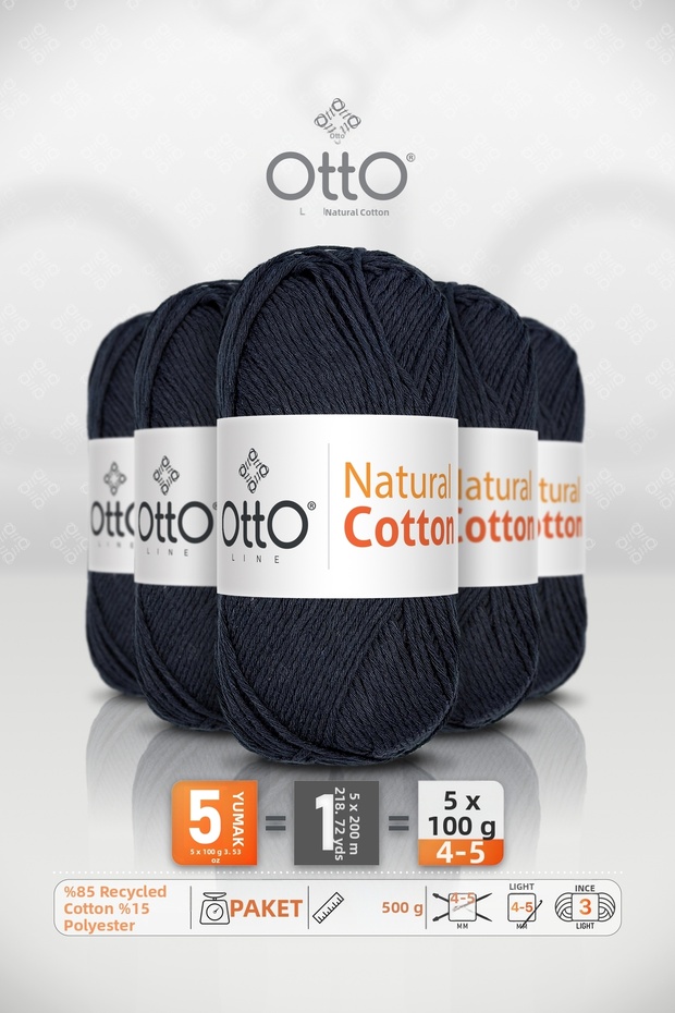 Natural Cotton • Navy Blue (6043) • 5-Pack × 100 Gr / 200 m • 2 mm • Cotton Thread • Punch, Amigurumi, Macrame