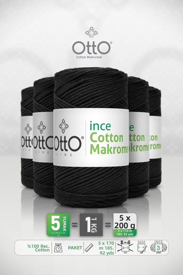 Thin Cotton Macrame • Black • 5-Pack × 200 Gr / 170 m • 2 mm • Cotton Cord • Macrame, Bags, Accessories