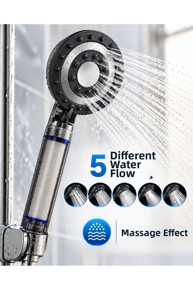 Black Filtered Shower Head with 5 Different Water Flows, Massage Effect, Chlorine and Limescale Filtering