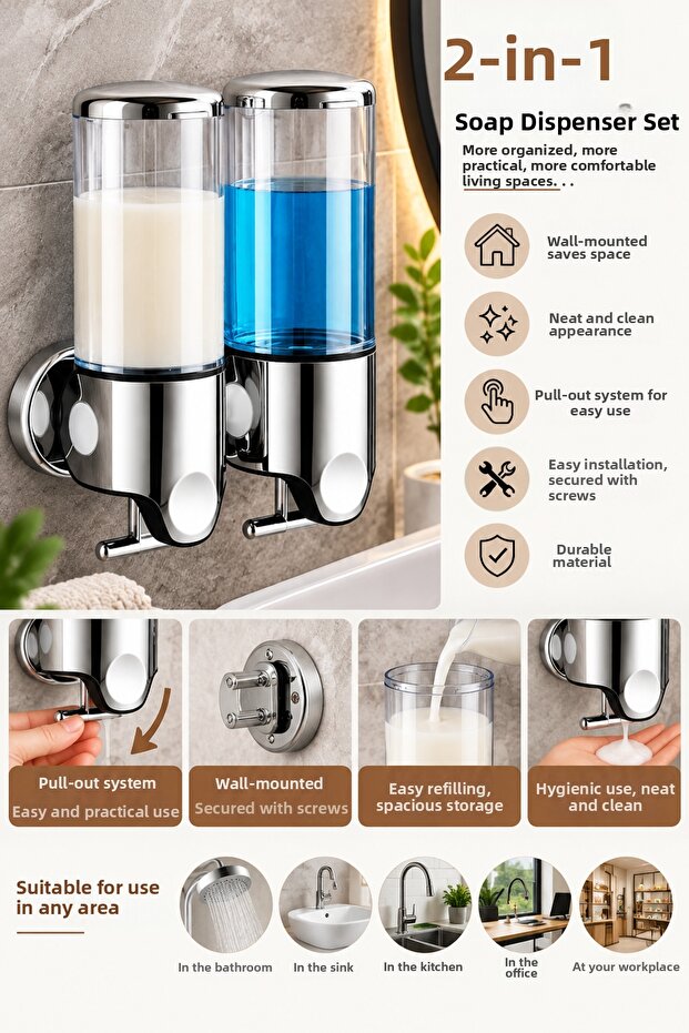 2-Piece Liquid Soap Dispenser 450 ml Pull-Out System Bathroom Kitchen Shampoo Shower Gel Set