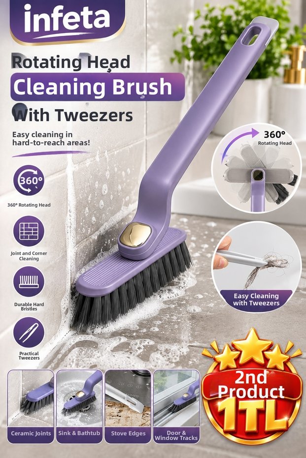 Multi-Purpose Joint Corner and Rail Cleaning Brush with Rotating Head and Tweezers