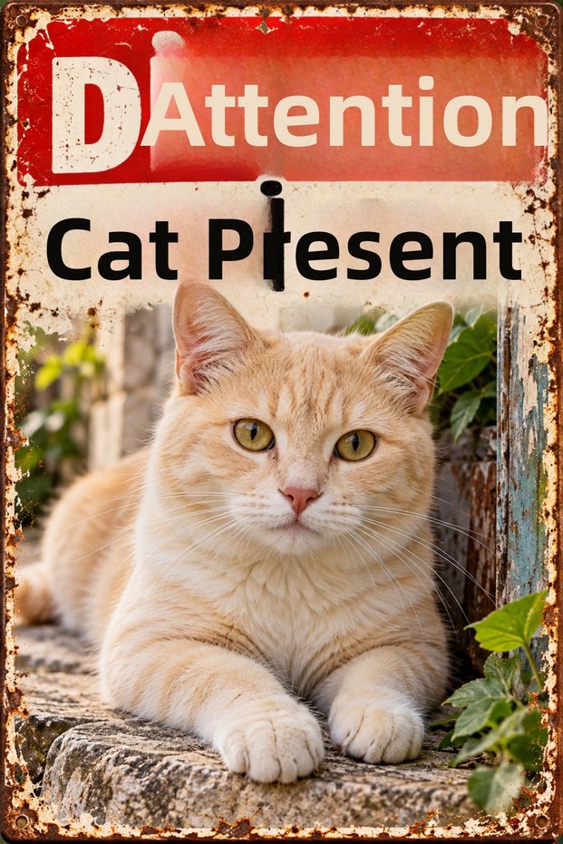 Caution Cat Is Present Cream Cat Retro Metal Wall Sign Decorative Warning Sign 20X30 cm