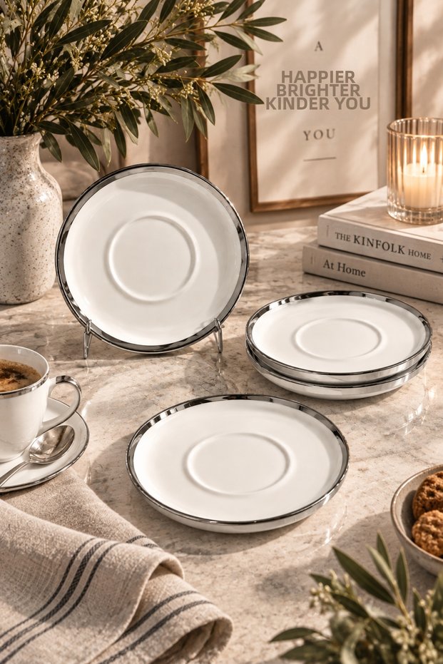 Kadıkızı Silver Sadem 4-Piece Porcelain Tea Plate Set