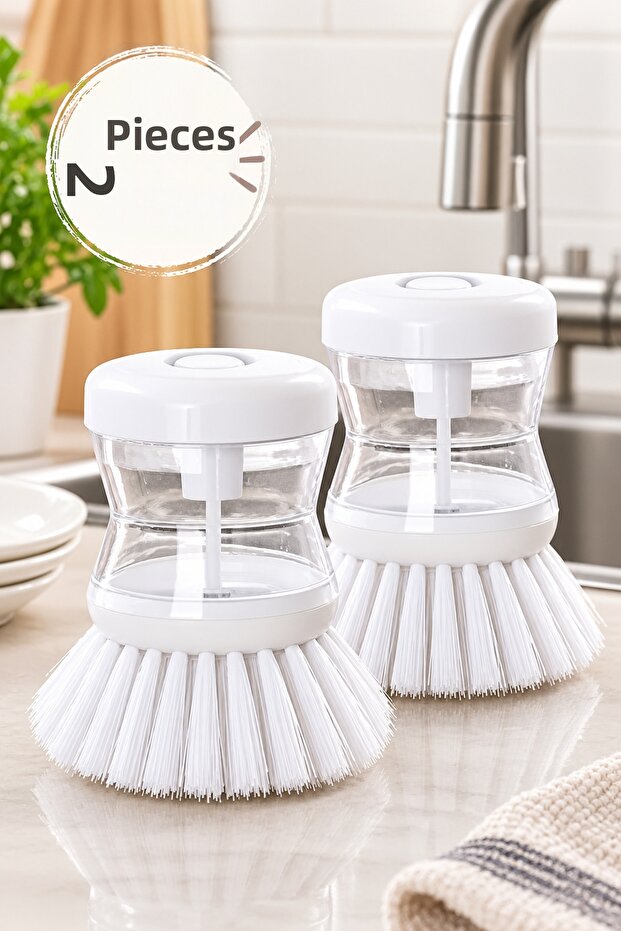 Practical Dish Brush with Liquid Detergent Container White (2 Pieces)