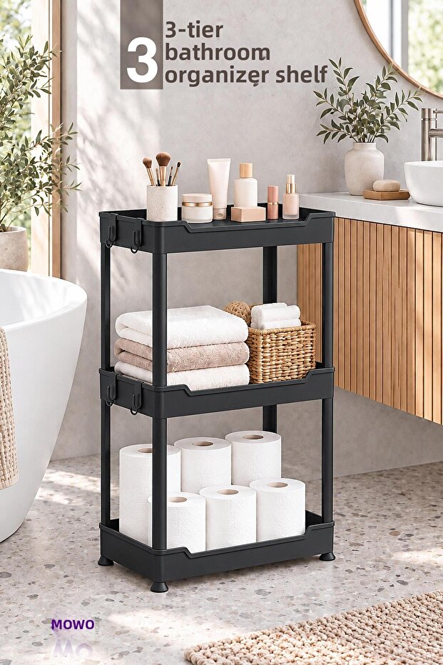3-Tier Black Bathroom Organizer Shelf System, Makeup Cosmetic Organizer Shelf