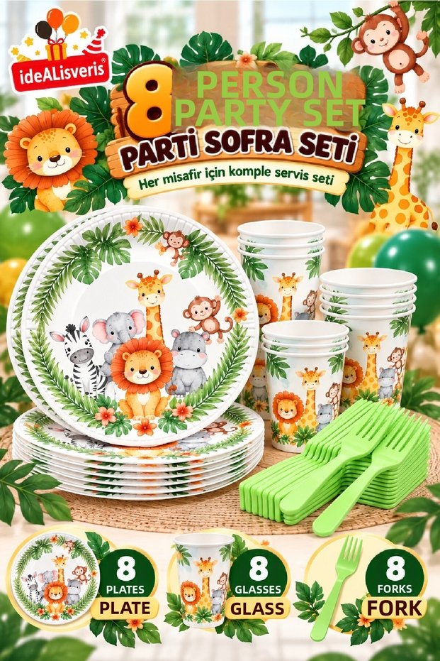 Safari Themed Birthday Party Set | 8 and 16 Person Capacity | Plate, Cup, Fork Set | Birthday Table Decoration 24 / 48 Pieces | Children's Birthday Tableware Set