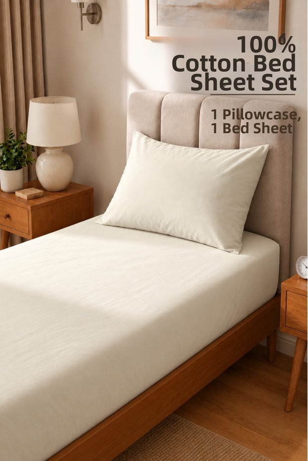 Single Cotton Combed Breathable Fabric Elastic Bed Sheet 1 Piece Pillowcase Gift Cream
