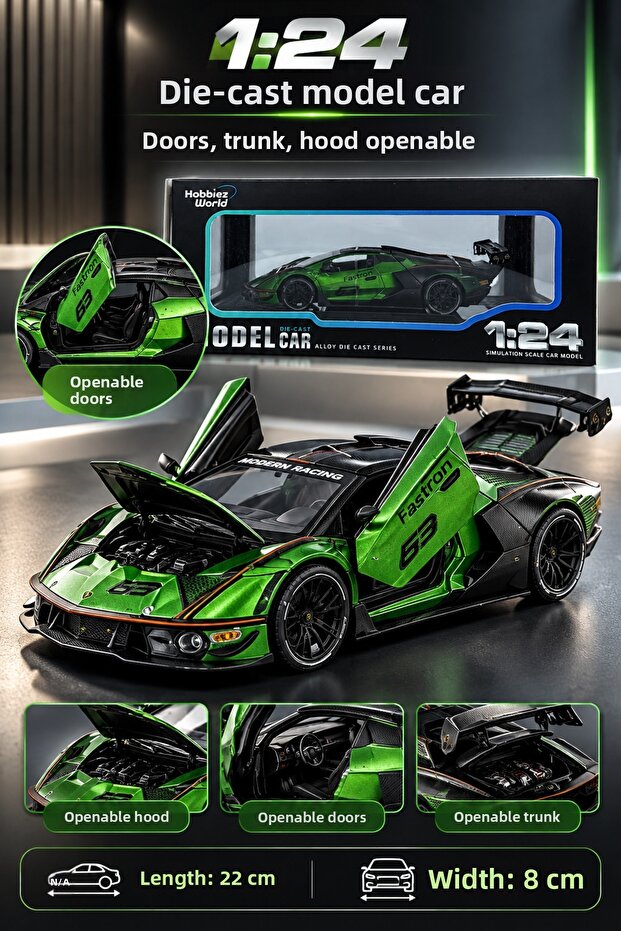 1:24 Green Metal Lamborghini Sports Car 22 cm Model Toy Car with Openable Doors, Hood and Trunk