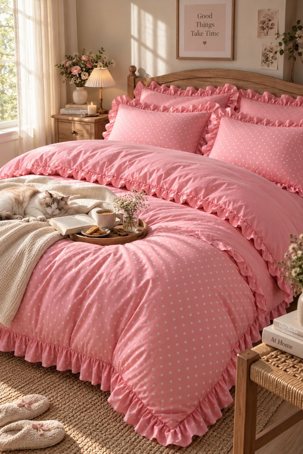 Pink Polka Dot Ruffled Duvet Cover Set | Soft Textured | Double Person | Stylish Bedroom Set (Without Sheets)
