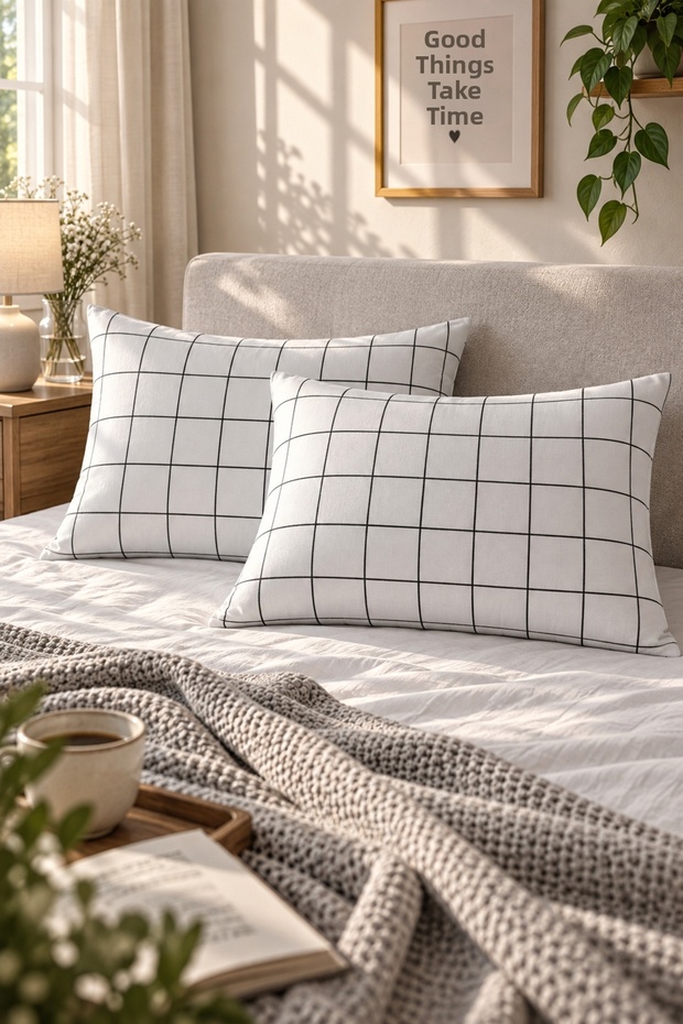 White Square Pattern 2-Piece Pillowcase 50X70 Cotton