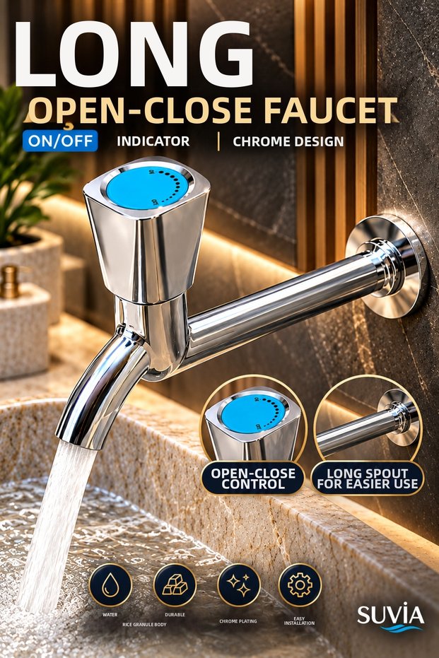 Sink Faucet Long Open-Close Tap On/Off Indicator Single Water Inlet Chrome Finish
