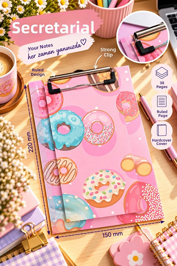 Donut Patterned Secretary's Notepad 15X22 cm – 38 Sheets Lined Notepad