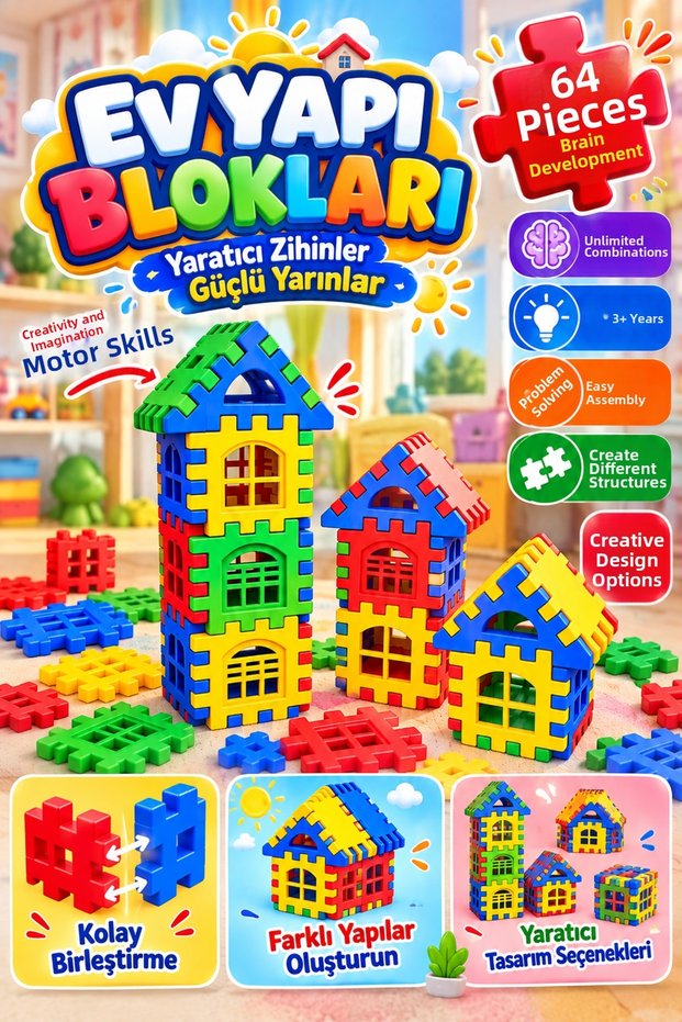 House Building Blocks 64 Pieces Educational Assembling Building Toy for 3+ Ages Intelligence and Motor Skills Development