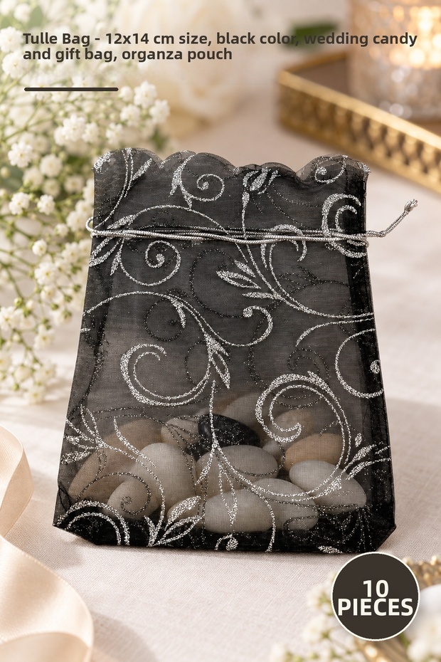 10 Pieces of Tulle Pouches – 12X14 cm Size, Black Color Pouch Bag, Wedding Candy and Gift Pouch, Organza Pouch