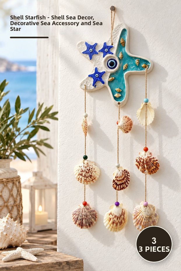 3 Pieces of Sea Shell Star – Shell Sea Ornament, Decorative Sea Theme Accessory and Sea Star