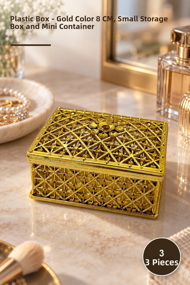 3 Plastic Boxes – Gold Color 8 Cm, Small Storage Box and Mini Container