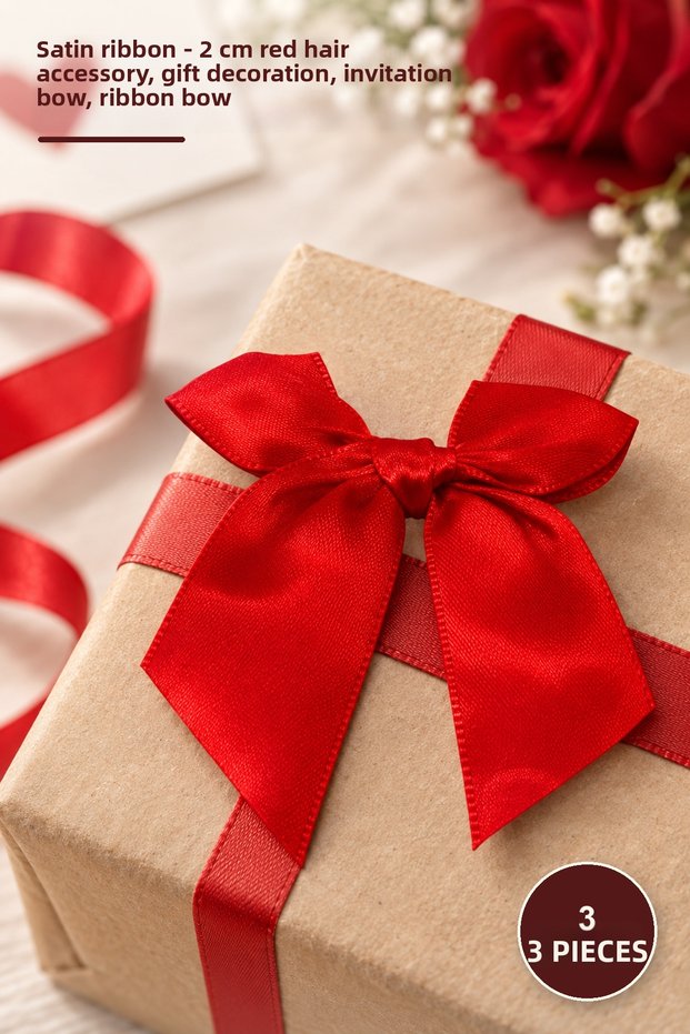 3 Pieces of Satin Bow – 2 cm Red Hair Accessory, Gift Decoration, Invitation Ribbon, Ribbon Bow