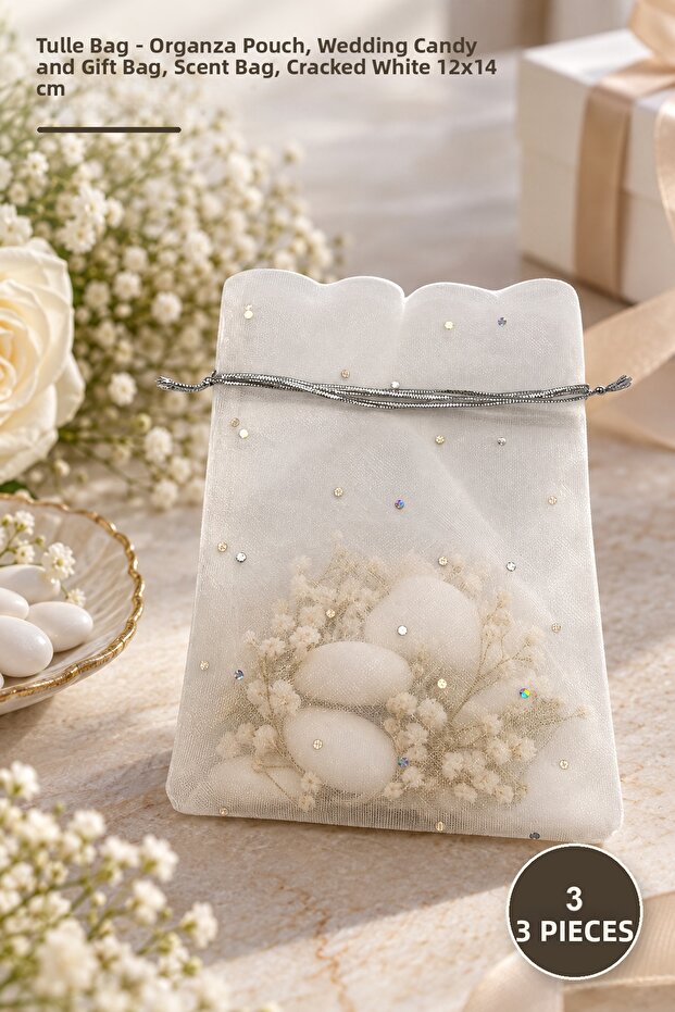 3 Pieces Tulle Pouch – Organza/Organza Pouch, Wedding Candy and Gift Pouch, Fragrance Pouch, Off-White 12X14 cm