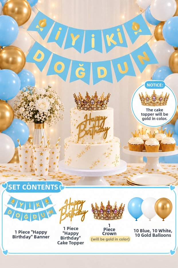 Blue Gold Birthday Decoration Set – Happy Birthday Banner, Cake Topper, Happy Birthday Lettering, and 30 Balloons