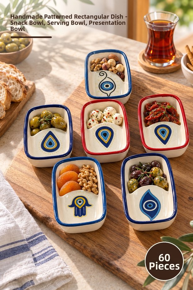 60 Pieces of Rectangular Snack Bowls – Handmade Patterned Serving Plate, Snack Bowl, Presentation Bowl, Snack Dish