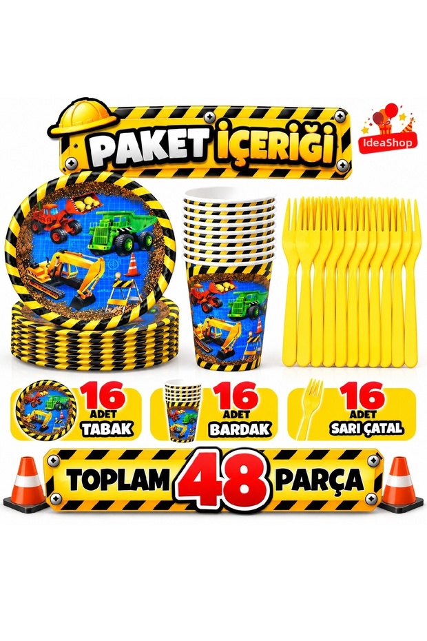 Construction Themed Birthday Party Set | 8 and 16 Person Capacity | Plate, Cup, Fork Set | Birthday Table Decoration 24 / 48 Pieces | Children's Birthday Tableware Set