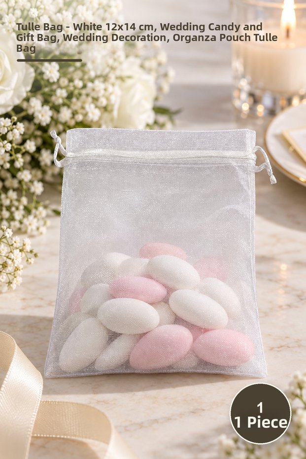 1 Piece Tulle Pouch – White 12X14 Cm, Wedding Candy and Gift Pouch, Wedding Decoration, Organza Pouch Tulle Bag