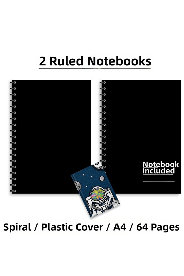 A4 72 Sheets 2 Pieces Lined Black School Notebook Notepad Gift Plastic Cover Spiral Bound