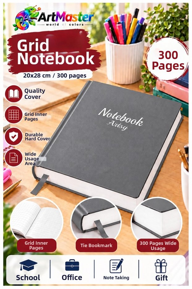 Gray Hardcover Checkered Notebook 300 Sheets 20X28Cm 1 Piece Multi-Leaf Hard Cover Note Account Book School Office Stationery