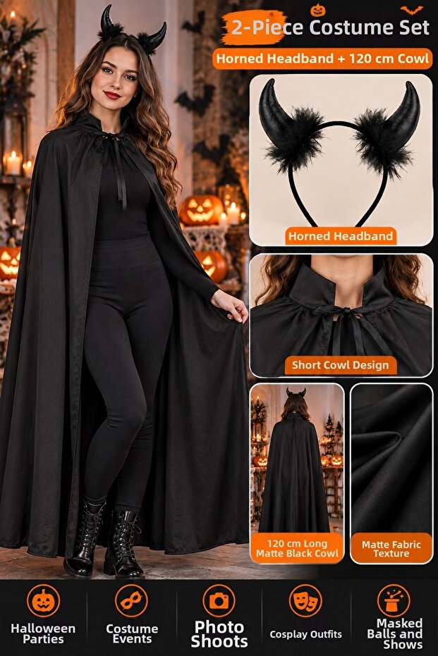 Halloween Devil Costume Set Black Horned Crown and 120cm Matte Cape with Collar Halloween Cosplay
