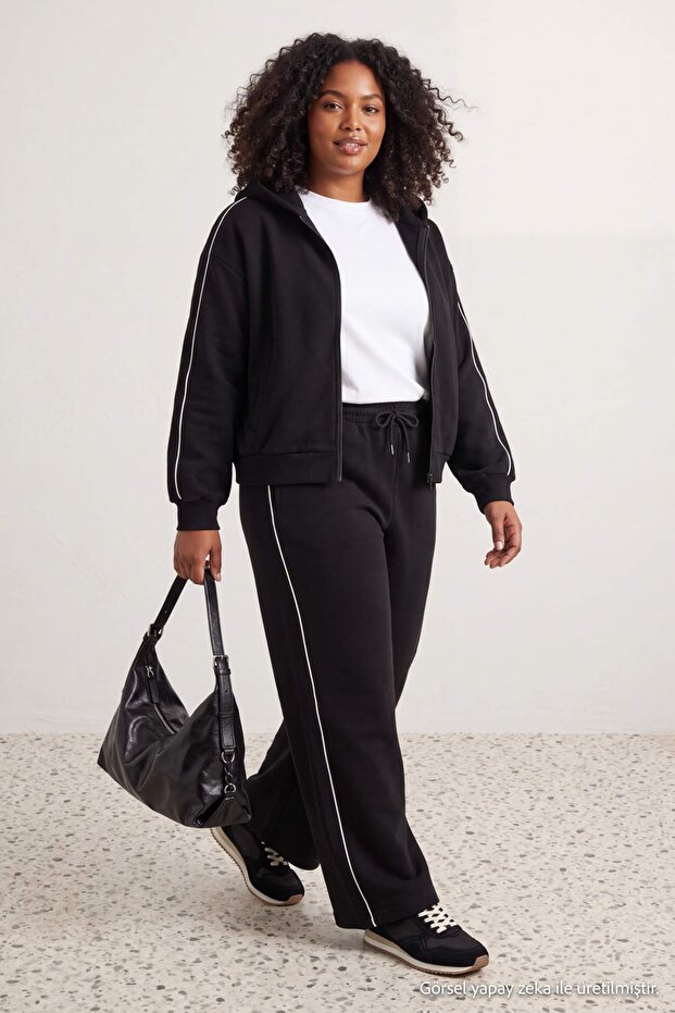 Black Thick Hooded Oversize/Wide Cut Knitted Tracksuit Set with Zipper
