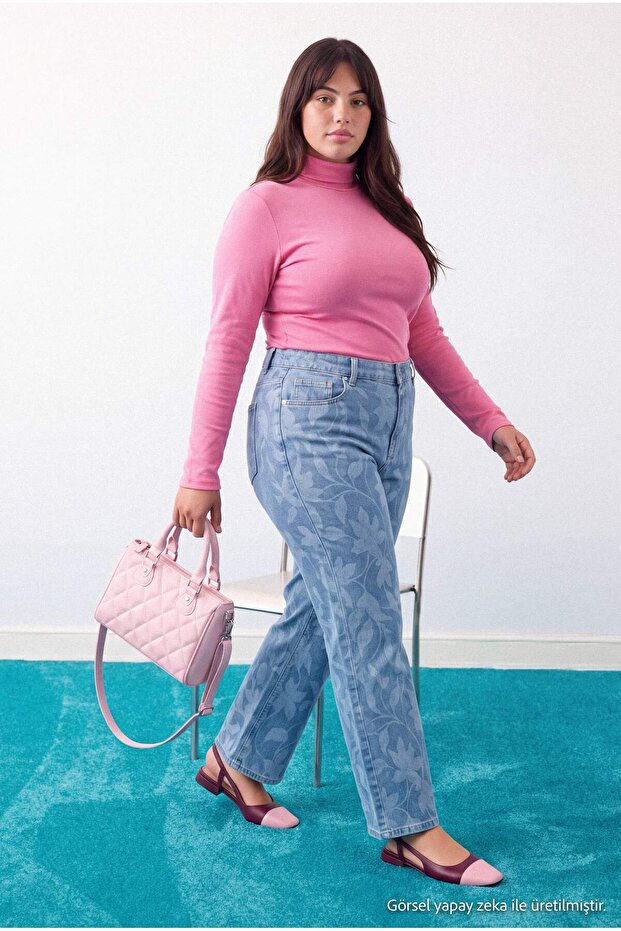 Limited Edition Mavi Çiçek Desenli Orta Esnek Yüksek Bel Wide Leg Jeans TBBAW27CJ00042