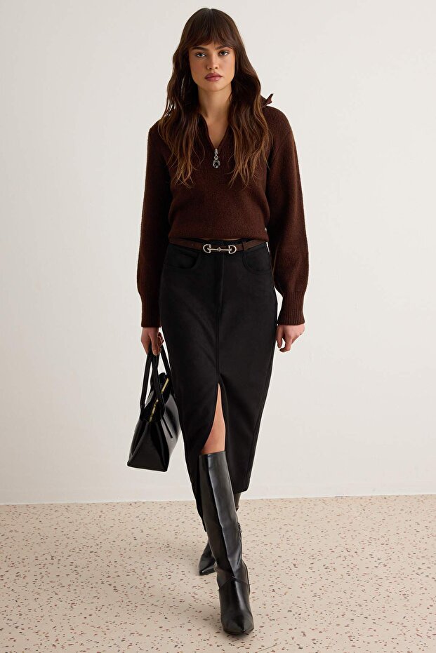 Black Front Slit Suede Midi Knitted Pencil Skirt Twoaw26Et00129