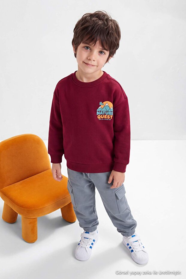 Bordo 100%Pamuk Kalın Erkek Çocuk Baskılı Örme Sweatshirt ve Eşofman Alt - Üst Takım TKDAW27AU00053