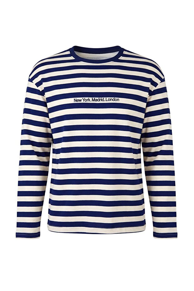 Light Yellow Navy Blue Striped Oversize Slogan Printed Knitted Sweatshirt Twoaw27Ts00114