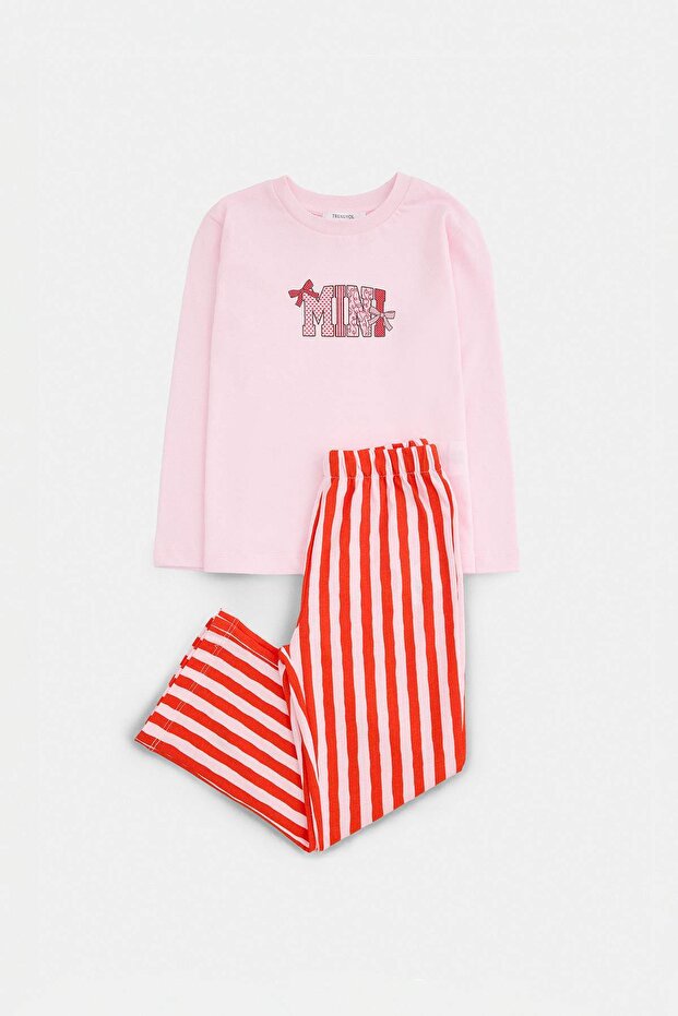Pembe %100 Pamuk Çizgili Örme Anne-Kız Pijama Takımı TKDAW27