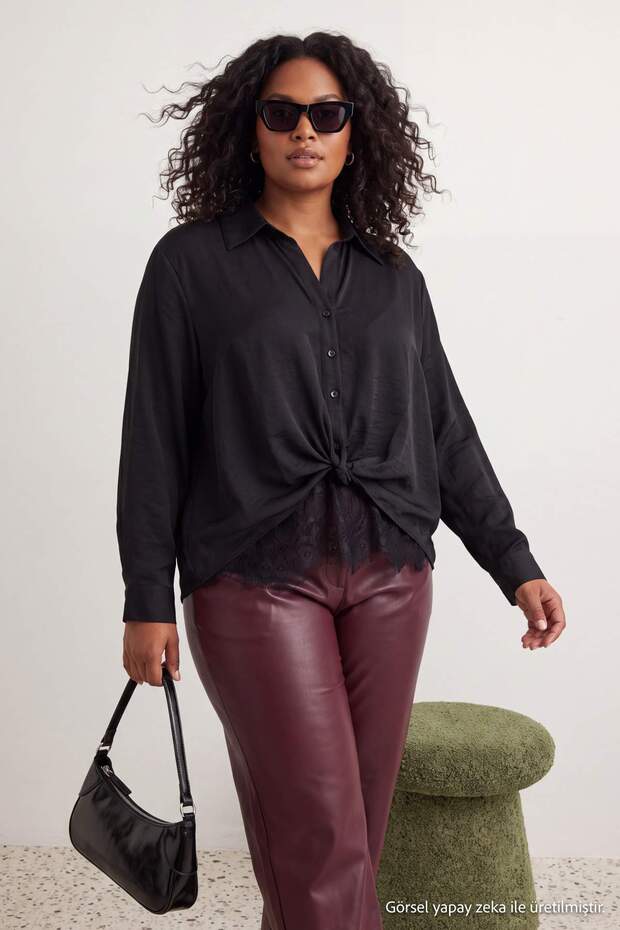 Black Oversize Lace Detailed Plus Size Woven Shirt Tbbaw27Ax00036