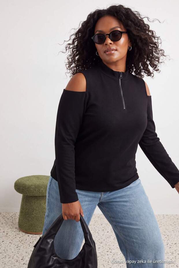 Siyah Bisiklet Yaka Omuz Detaylı Vücudu Saran Büyük Beden Örme Sweatshirt TBBAW27AO00012