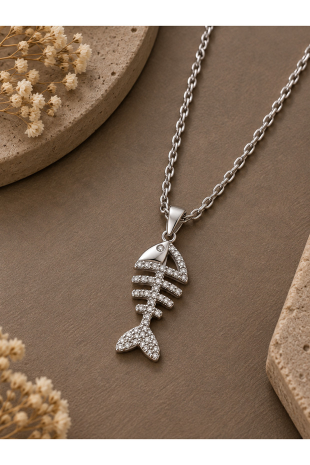 316L Steel Chain Silver Color Minimal Zircon Stone Fish Bone Necklace