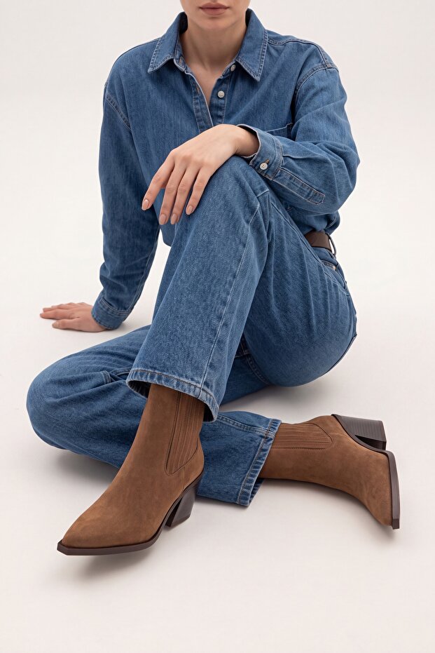 Women's Pointed Toe Cowboy Elastic Western Boots Erbe Tan Suede