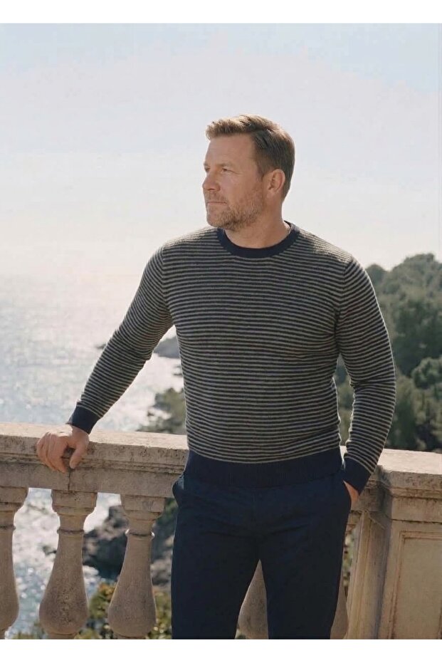 Men's Battal Zero Collar Tricot Sweater with Elastic Waist, Steel Knitting, Classic Fit