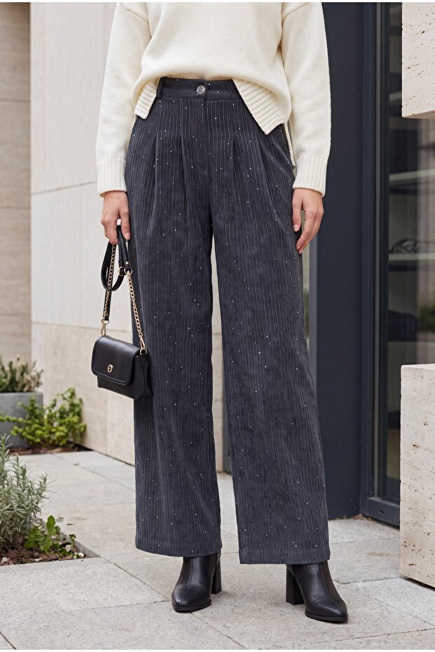 Velvet Pants with Pockets and Wide Legs with Sequin Detail - Anthracite