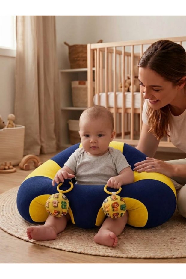 Dark Blue Yellow Baby Sleeping Cushion with Toys, Baby Sitting Support Cushion, Baby Seat