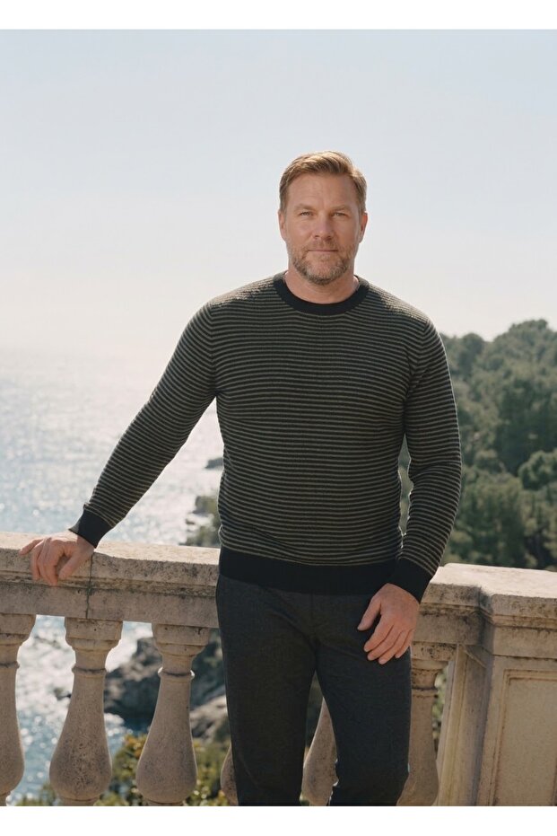 Men's Battal Zero Collar Tricot Sweater with Elastic Waist, Steel Knitting, Classic Fit